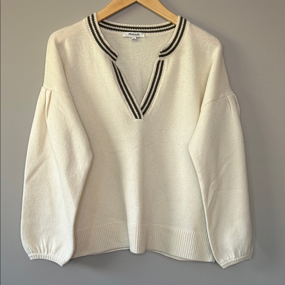 Madewell Wiltshire V Neck Pullover Balloon Sleeve Sweater Cream‎ Green Size S - Picture 2 of 8
